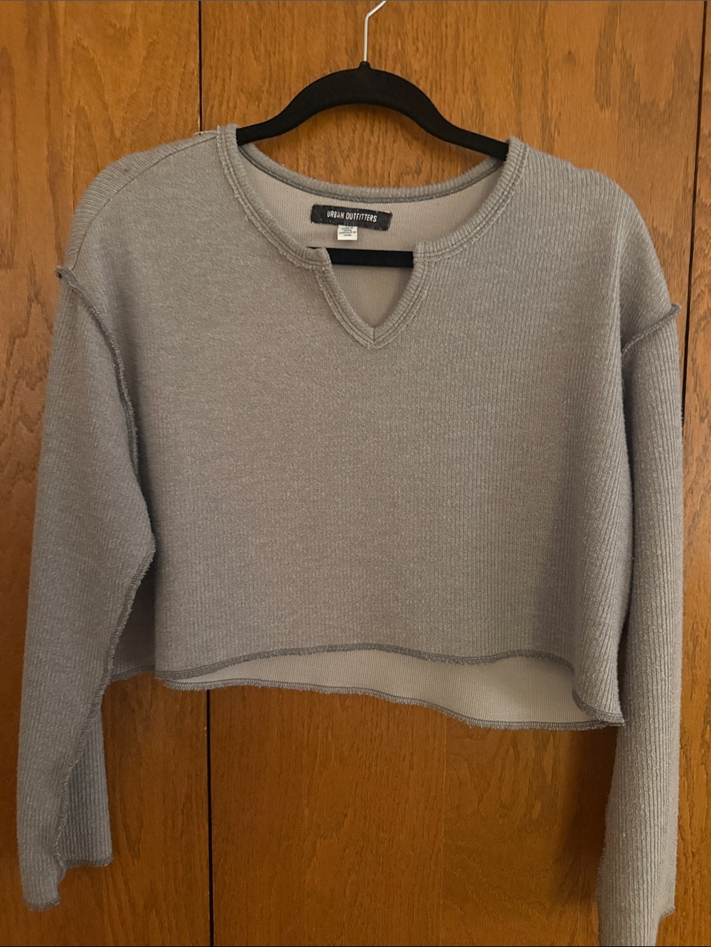 Urban Outfitters Light Gray Distressed Cropped Thermal Sweatshirt